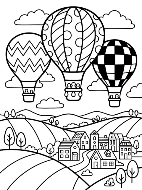 Ausmalbild: Drei Heißluftballons über Hügeln