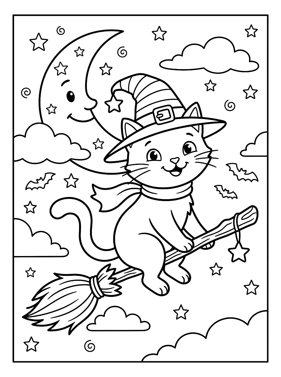 Ausmalbild: Katze mit Hexenhut fliegt auf einem Besen am Mond vorbei
