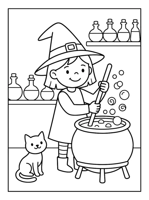 Colouring page: A friendly little witch in a pointy hat stirs a bubbling cauldron with a big spoon, a cat sits beside her and potion bottles stand on a shelf