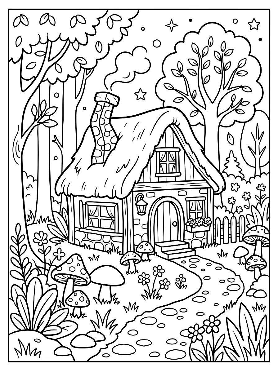 Ausmalbild: Kleines verwunschenes Haus im Wald mit Pilzen