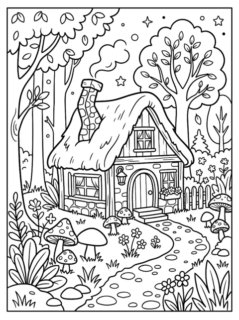 Ausmalbild: Kleines verwunschenes Haus im Wald mit Pilzen