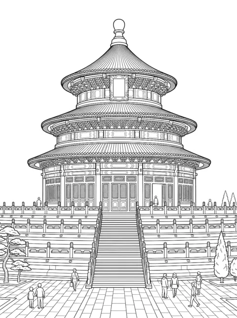 Ausmalbild: Der runde Tempel mit dreistufigem Dach auf weißen Terrassen