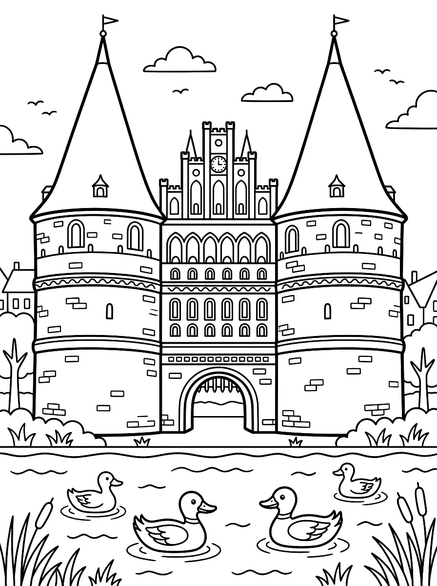 Colouring page: The Holsten Gate in Lübeck with two round towers and pointed roofs, ducks on the water in front