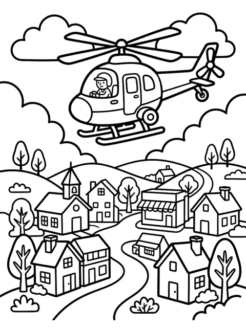 Ausmalbild: Hubschrauber fliegt über eine Stadt