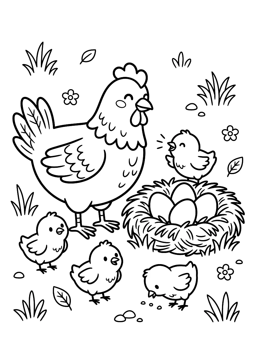 Disegno da colorare: Gallina con i pulcini accanto a un nido con le uova