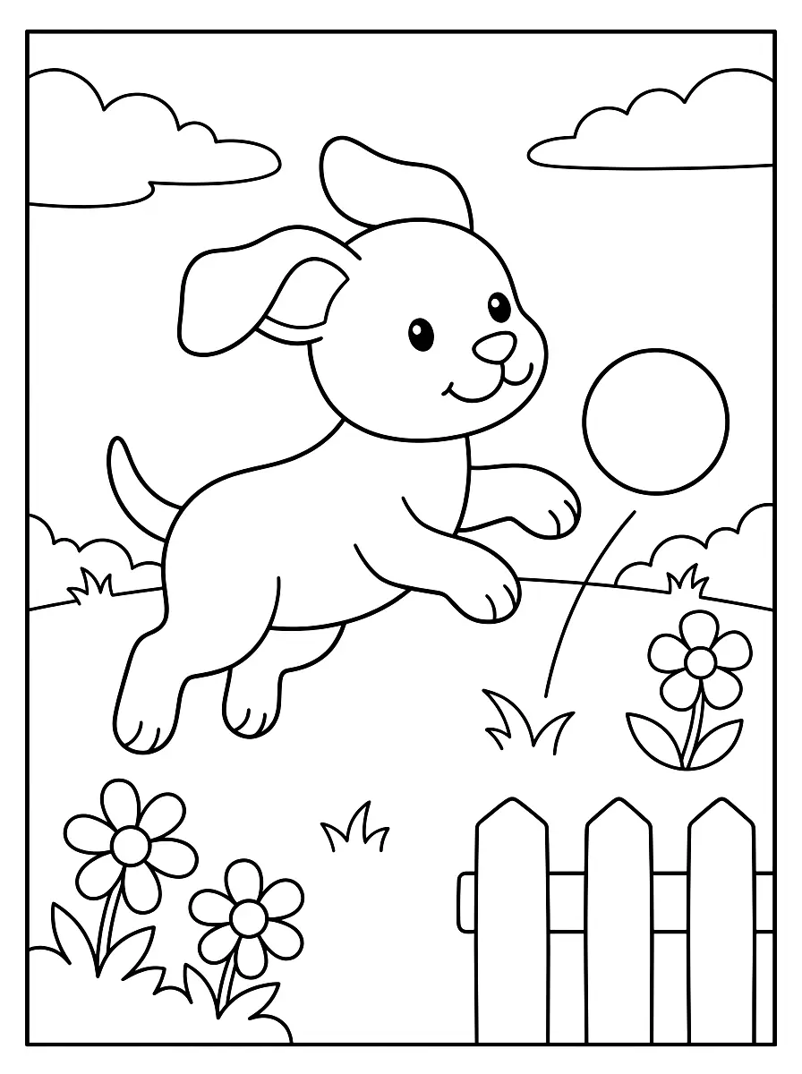 Colouring page: A playful puppy leaps after a ball in the garden, with flowers and a garden fence