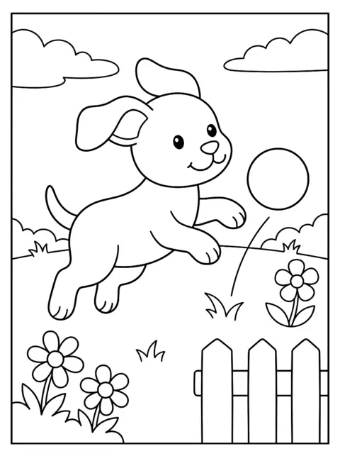Colouring page: A playful puppy leaps after a ball in the garden, with flowers and a garden fence