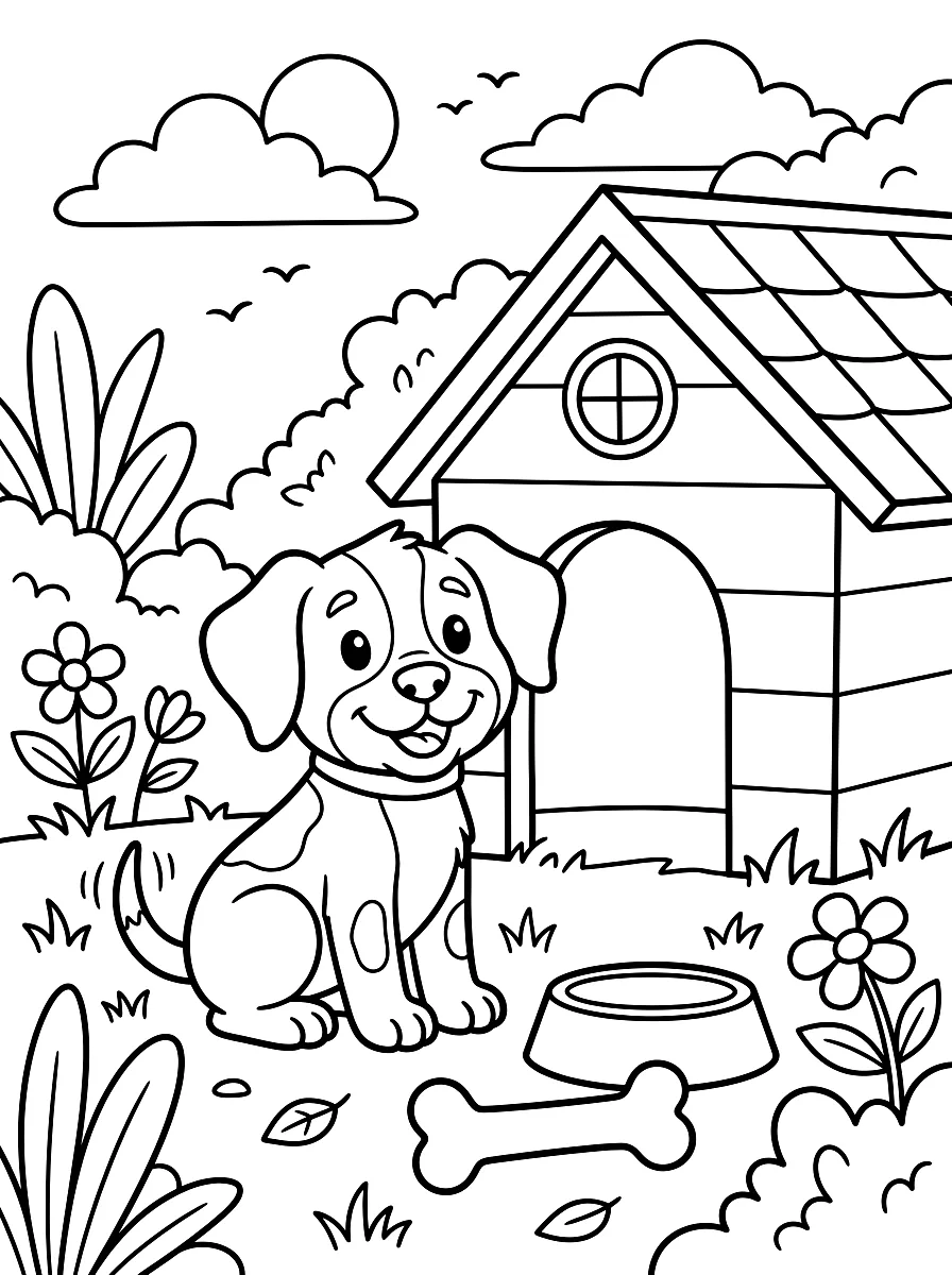 Colouring page: Happy dog sitting with a bone in front of its kennel
