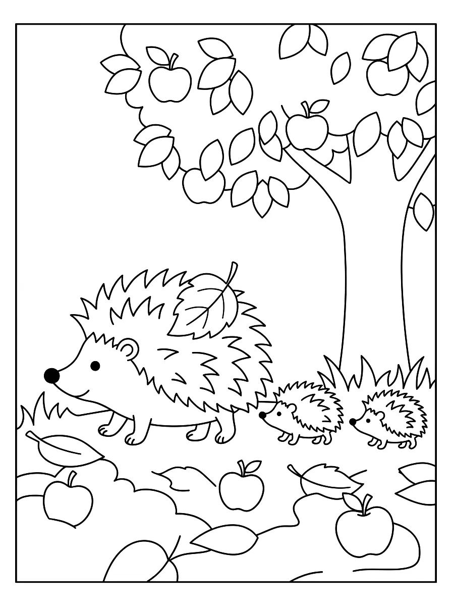 Colouring page: Mother hedgehog with a leaf on her back and two baby hedgehogs walking under an apple tree, apples and leaves in the grass