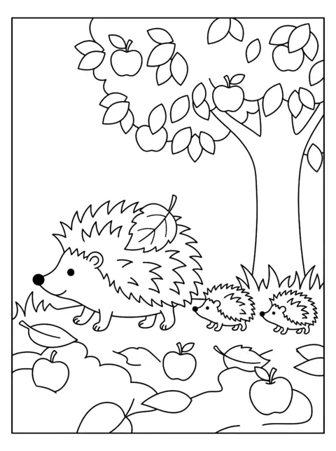 Colouring page: Mother hedgehog with a leaf on her back and two baby hedgehogs walking under an apple tree, apples and leaves in the grass