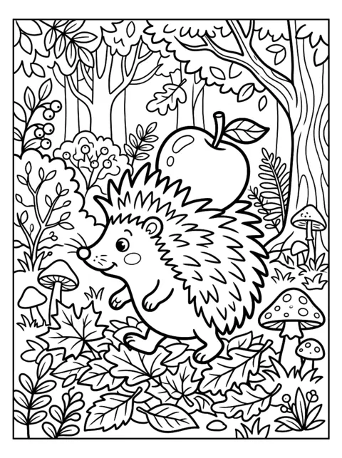 Ausmalbild: Igel mit Apfel auf dem Rücken im Herbstlaub