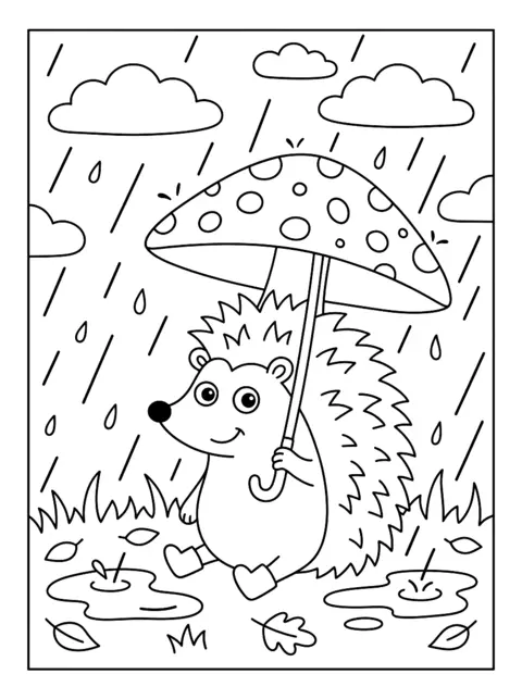 Colouring page: A hedgehog holds a big toadstool like an umbrella in the rain, with puddles and autumn leaves around it