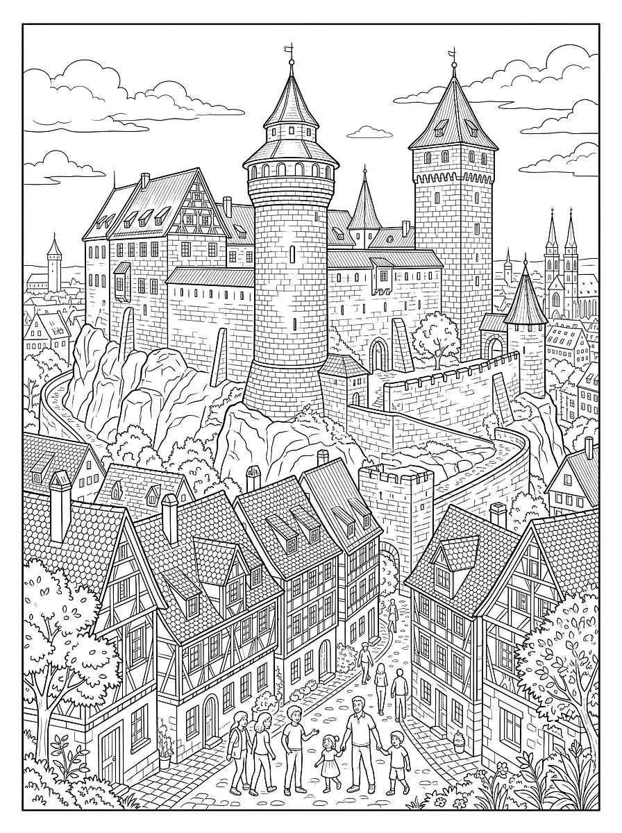 Disegno da colorare: Il castello imperiale con la torre rotonda che domina dall'alto le case a graticcio della città vecchia