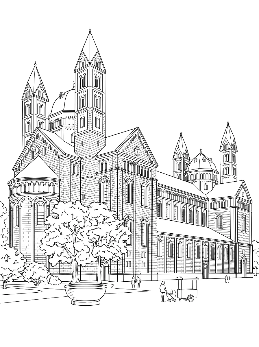 Colouring page: The Romanesque cathedral with four towers and two domes, in front a park with trees
