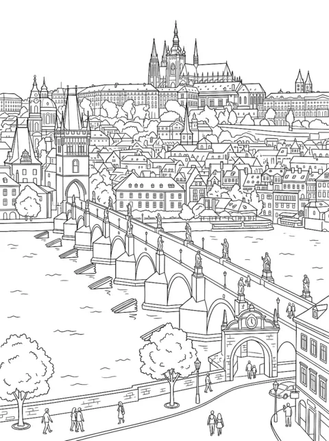 Ausmalbild: Die Steinbrücke mit Figuren und Brückenturm, dahinter die Prager Burg