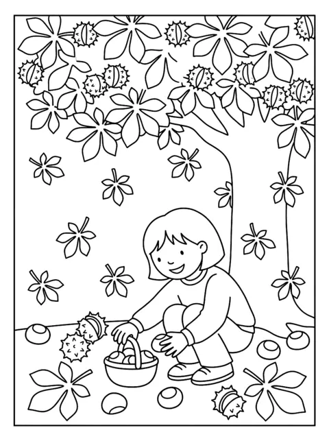 Colouring page: Child collecting conkers into a basket under a big horse chestnut tree