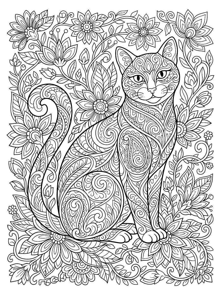 Colouring page: Patterned cat sitting among lush flowering vines and leaves