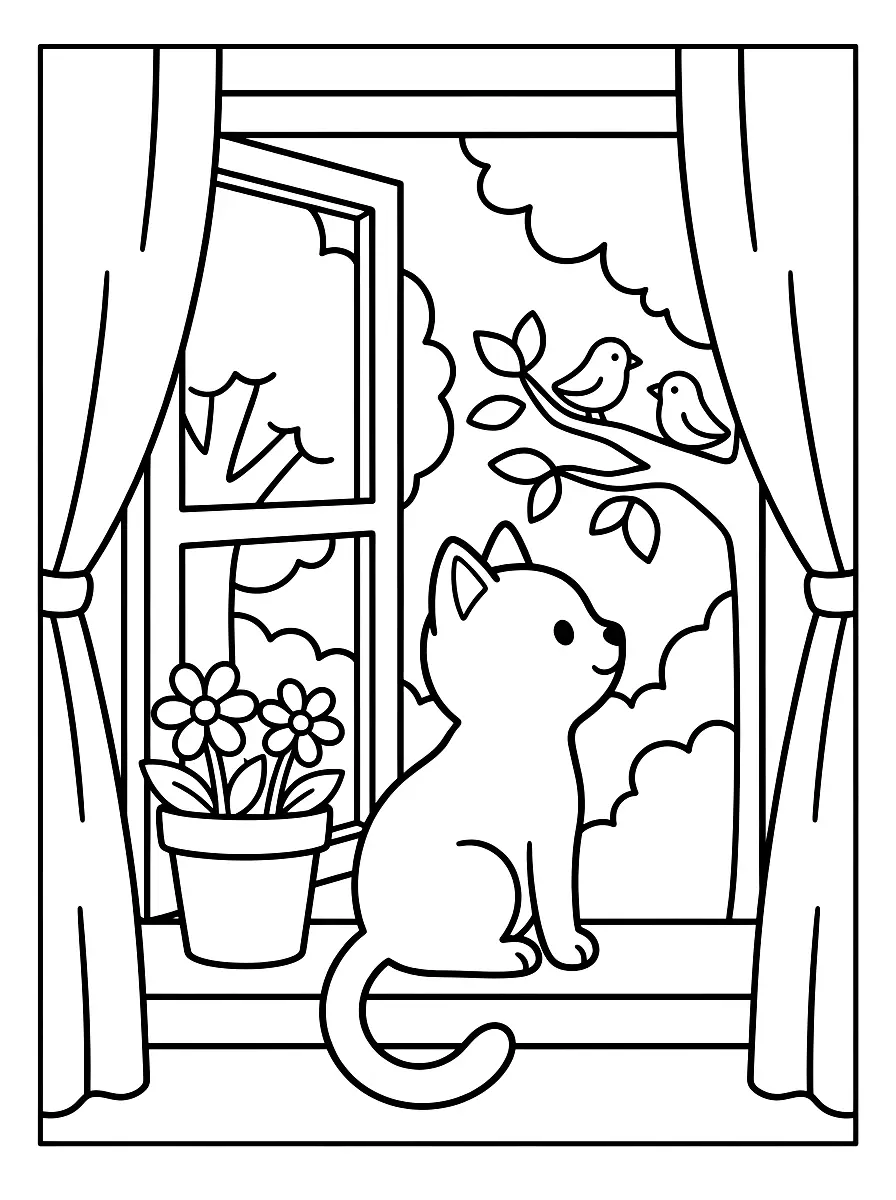 Colouring page: Cat sitting on the window sill next to a flower pot, watching two birds outside