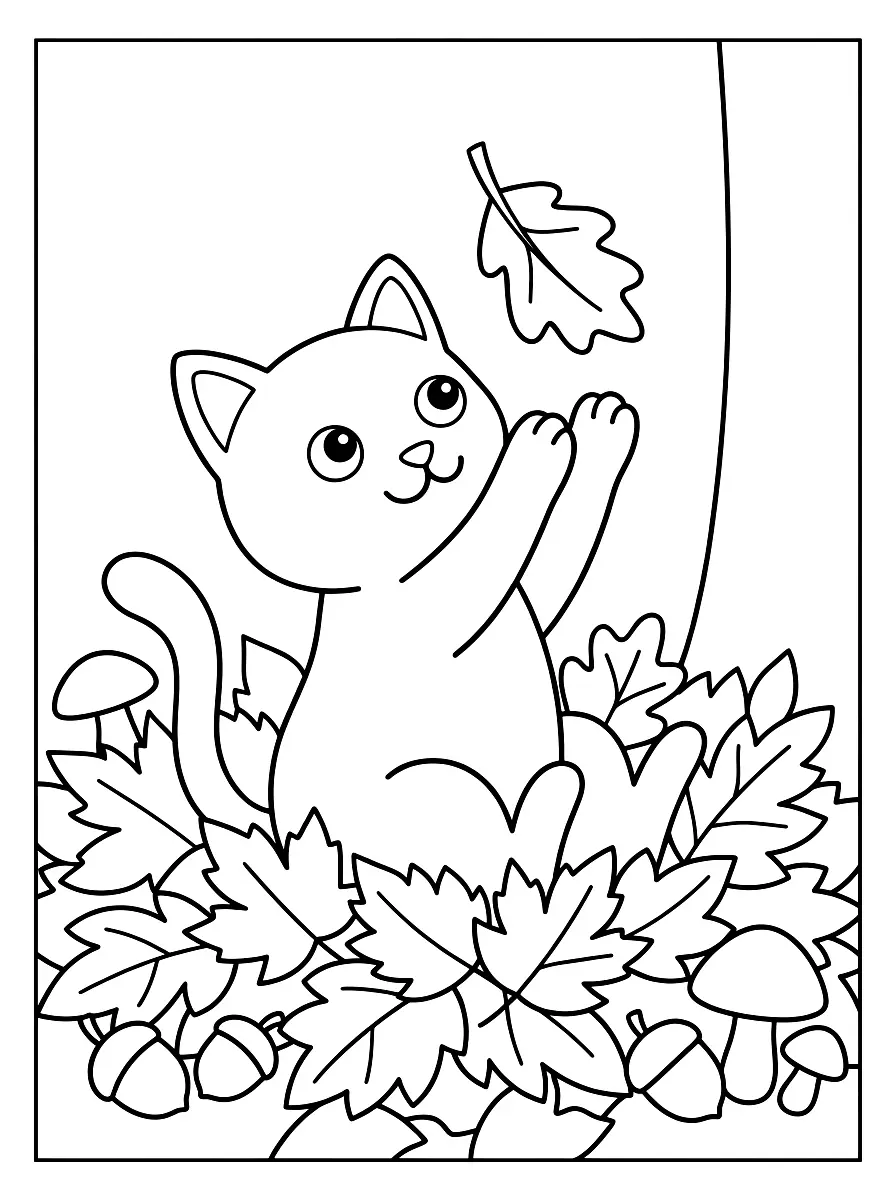 Colouring page: Kitten playing in a pile of autumn leaves, with mushrooms and acorns nearby