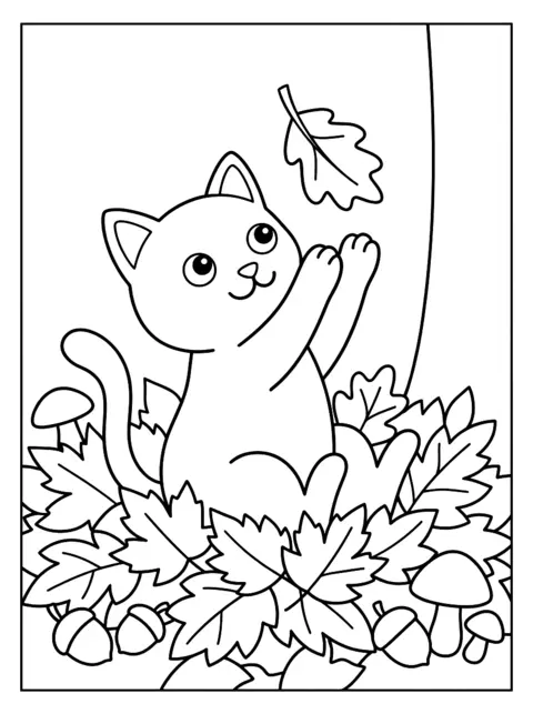 Colouring page: Kitten playing in a pile of autumn leaves, with mushrooms and acorns nearby