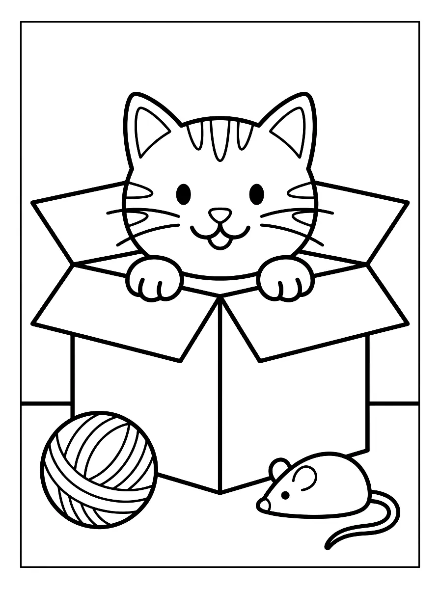 Colouring page: Cat peeking out of an open cardboard box, with a ball of yarn and a toy mouse beside it