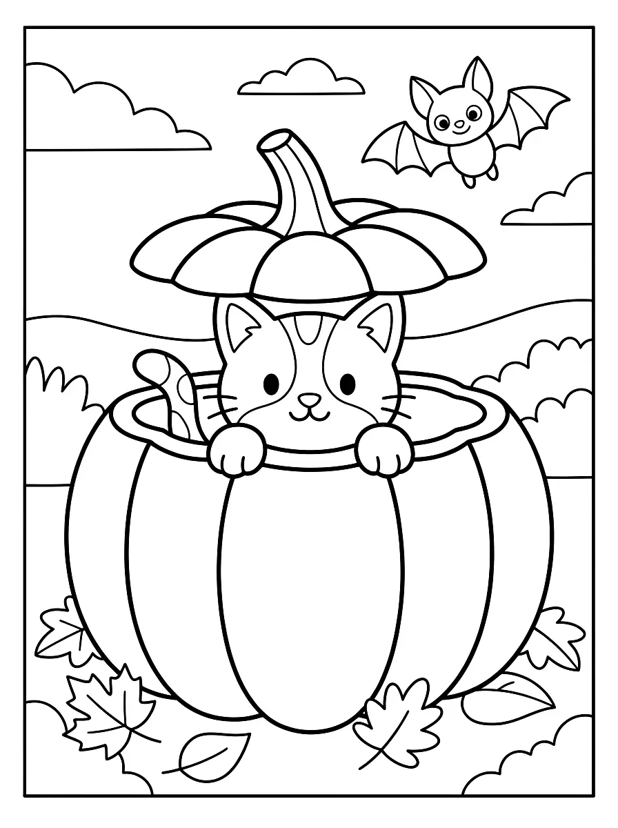 Colouring page: Little kitten peeking out of a big pumpkin with the pumpkin lid on its head, autumn leaves and a small bat nearby