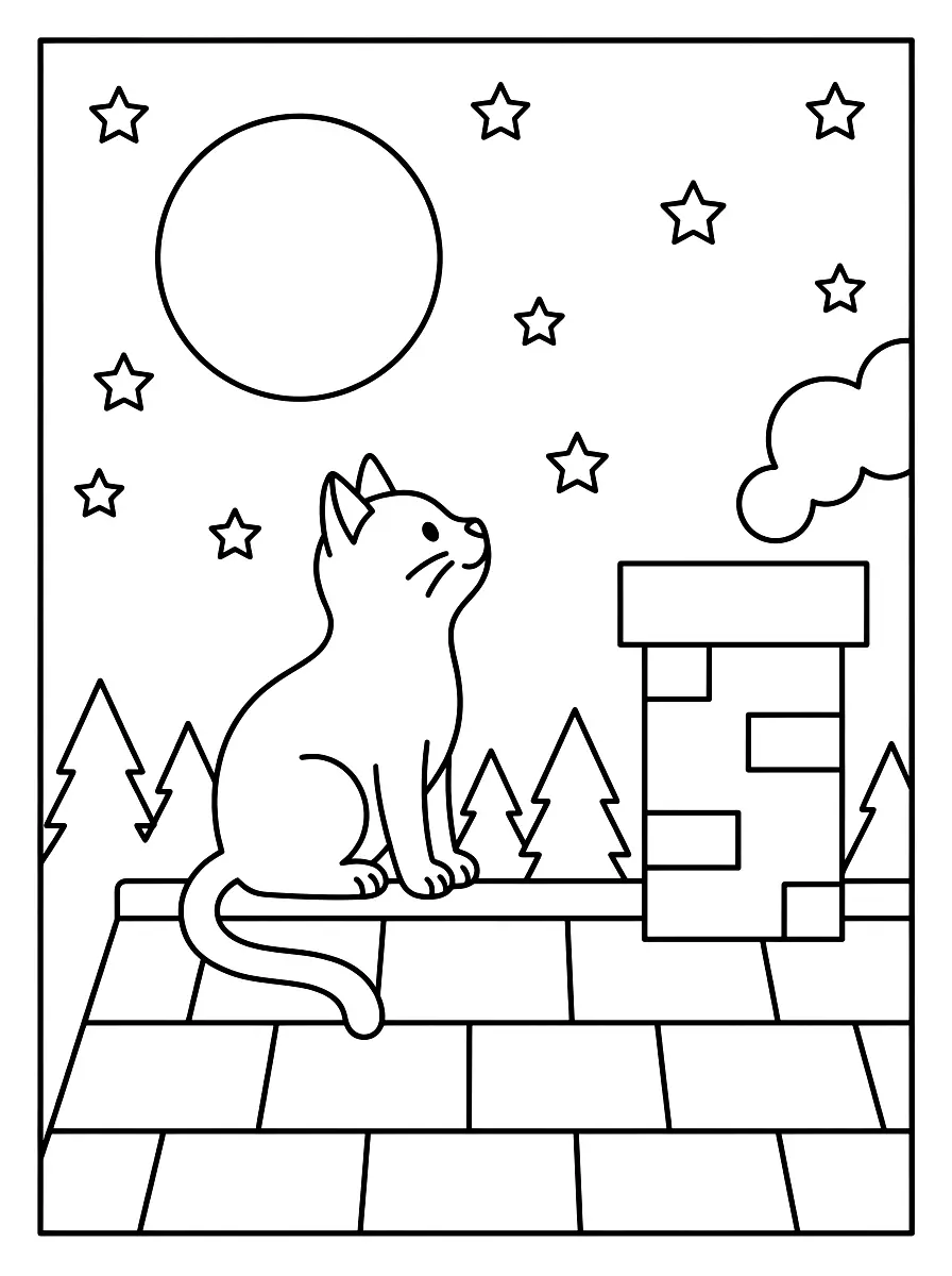 Colouring page: Cat sitting on a house roof by the chimney, with a big moon and stars behind it
