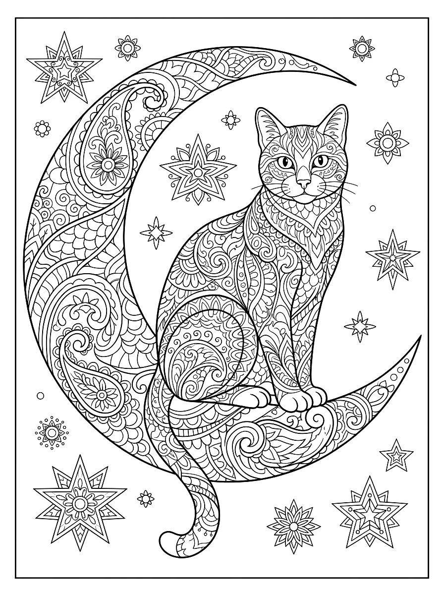 Colouring page: Cat sitting on an ornate crescent moon surrounded by stars, all finely patterned