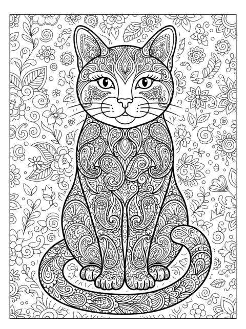 Colouring page: Sitting cat in front view, made entirely of paisley patterns and tiny flowers