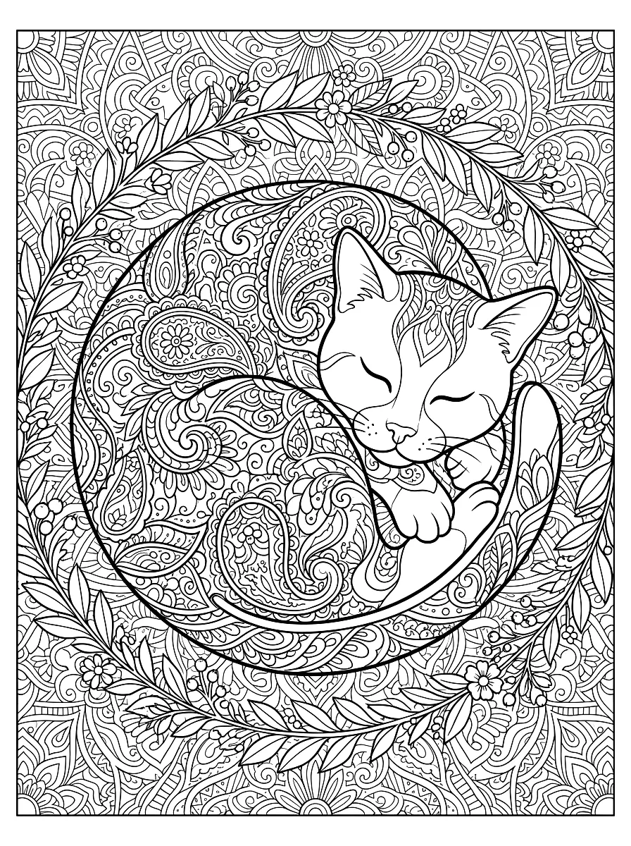 Colouring page: Curled-up sleeping cat made of paisley patterns, with a ring of leaves and flowers around it
