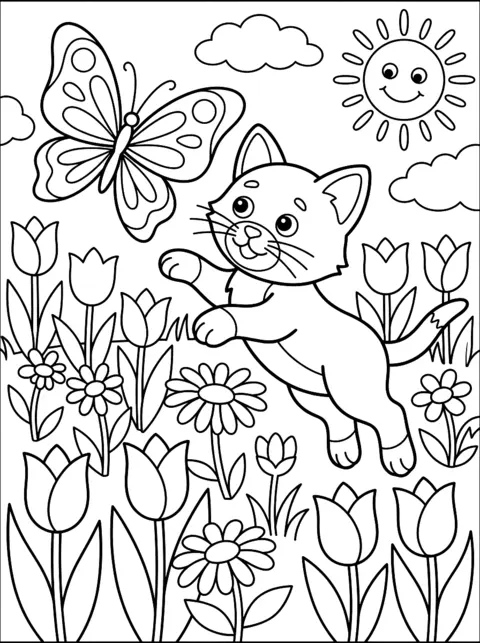 Colouring page: Kitten leaping after a butterfly in a flower meadow