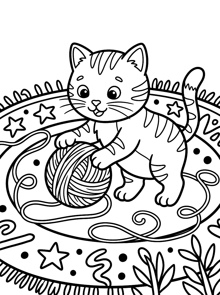 Disegno da colorare: Giovane gatto che gioca con un gomitolo di lana