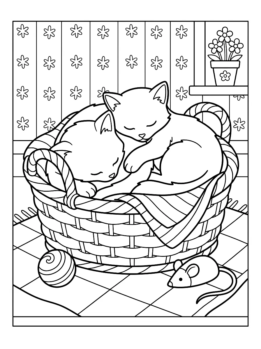 Colouring page: Two little kittens curled up asleep in a wicker basket, with a ball and a toy mouse in front