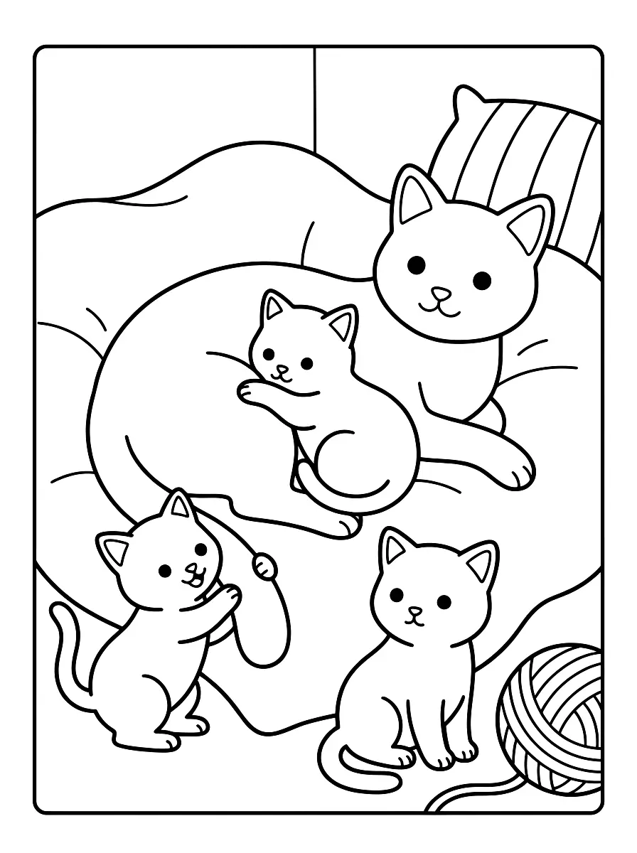 Colouring page: Mother cat lying on a blanket with three kittens cuddling and playing around her