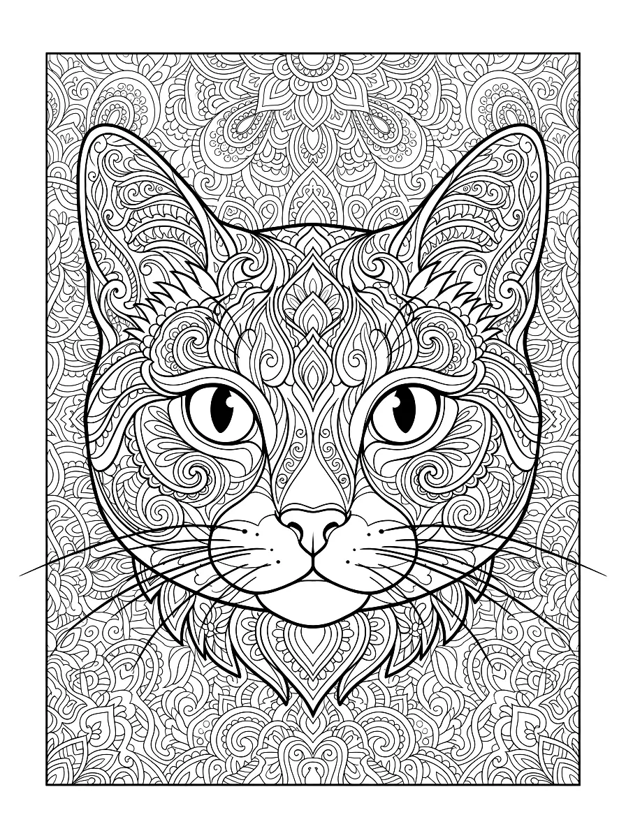 Colouring page: Symmetrical cat head in front view with mandala and paisley ornaments