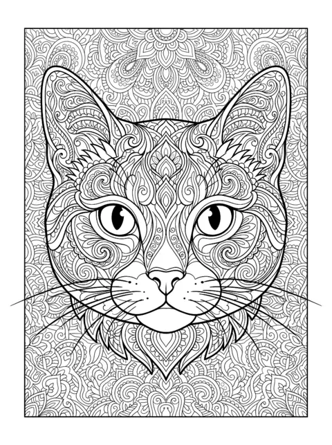 Colouring page: Symmetrical cat head in front view with mandala and paisley ornaments