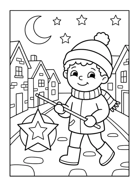 Colouring page: A child in a hat and scarf carries a star lantern on a stick down a street with small houses, the moon and stars in the sky