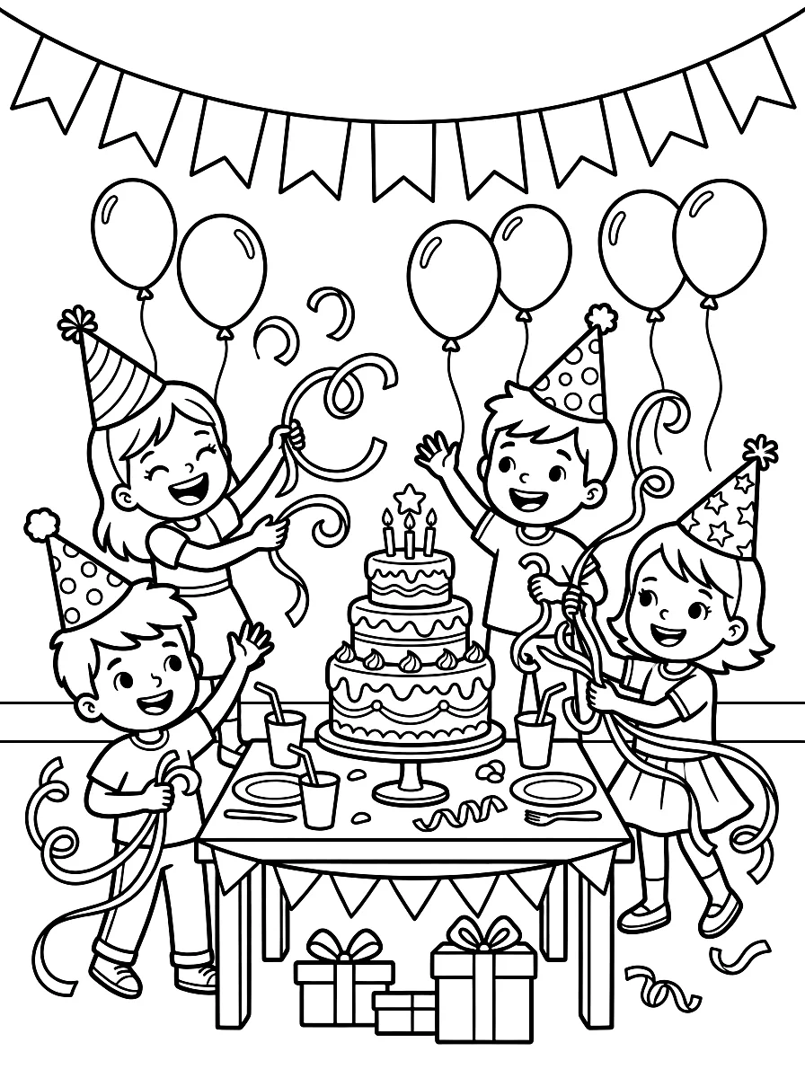 Colouring page: Children playing at a birthday party with garlands