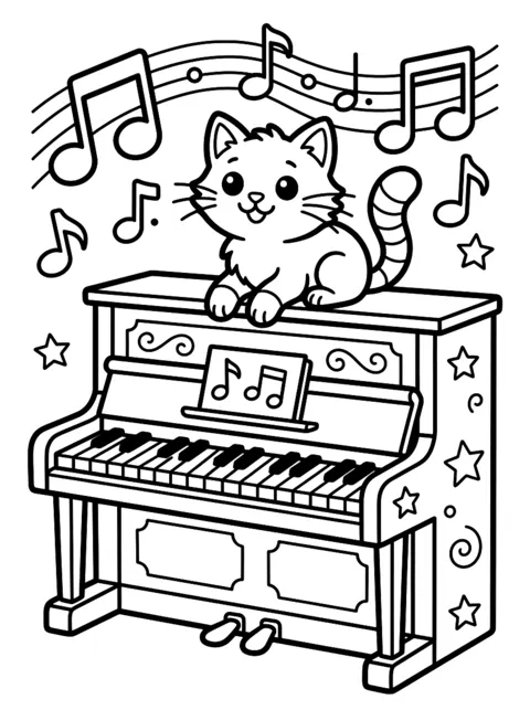 Ausmalbild: Katze sitzt auf einem Klavier