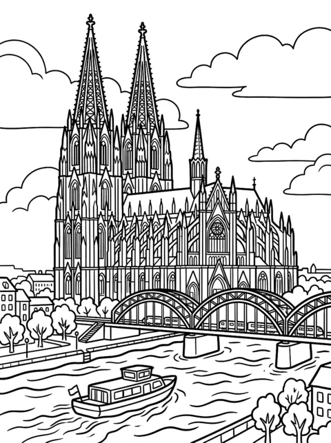 Desenho para colorir: A Catedral de Colónia com as duas torres altas, ao lado a ponte sobre o Reno e um barco no rio