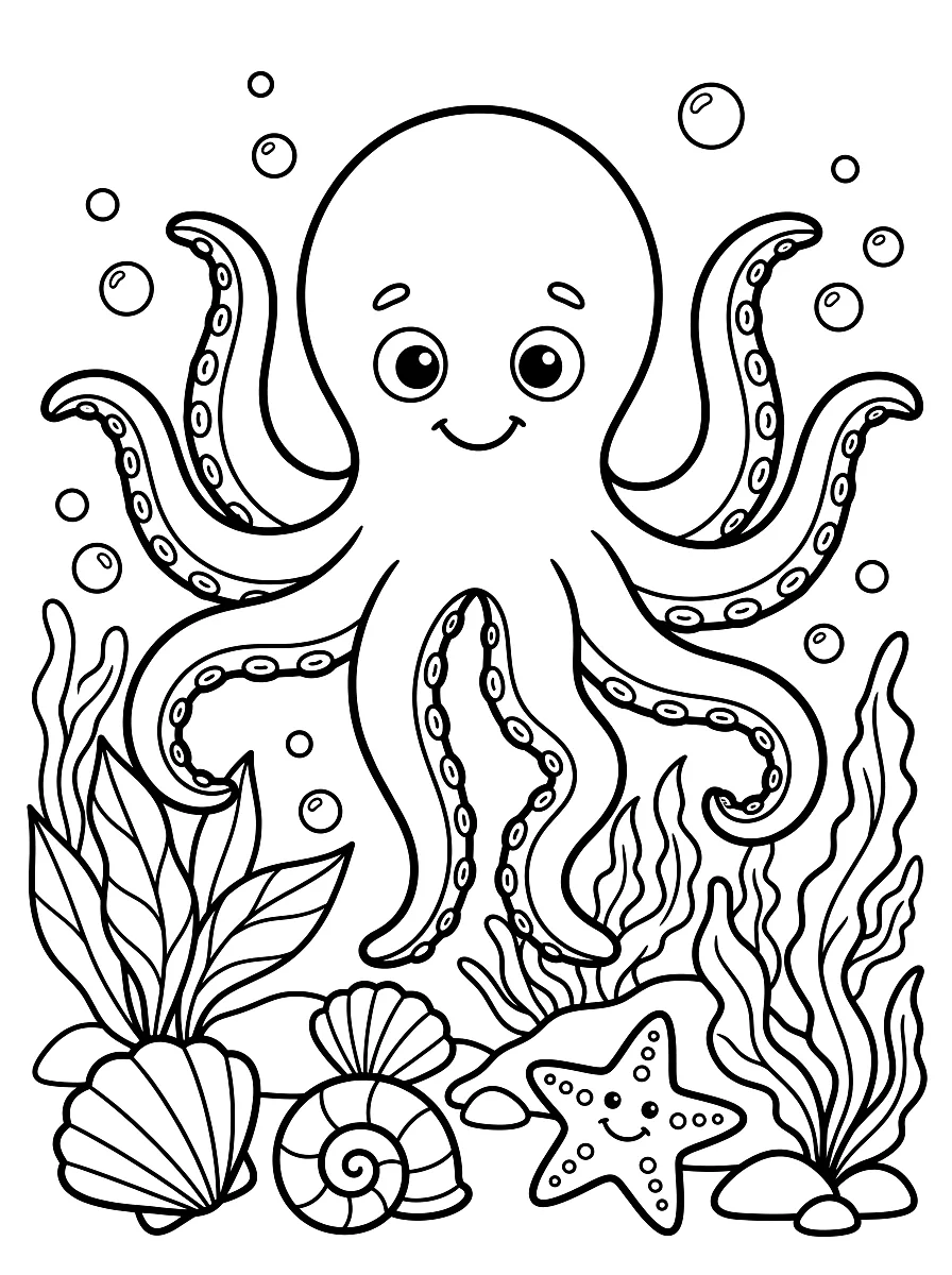 Ausmalbild: Oktopus mit acht Armen zwischen Muscheln und Seesternen