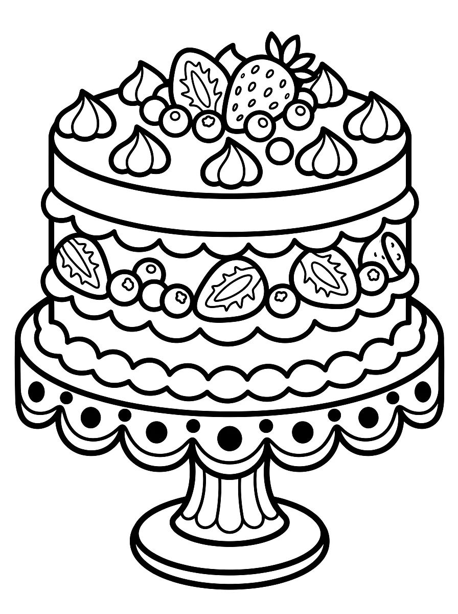 Disegno da colorare: Grande torta con frutta e panna