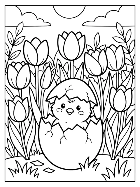 Ausmalbild: Küken schaut aus einem Ei zwischen Tulpen