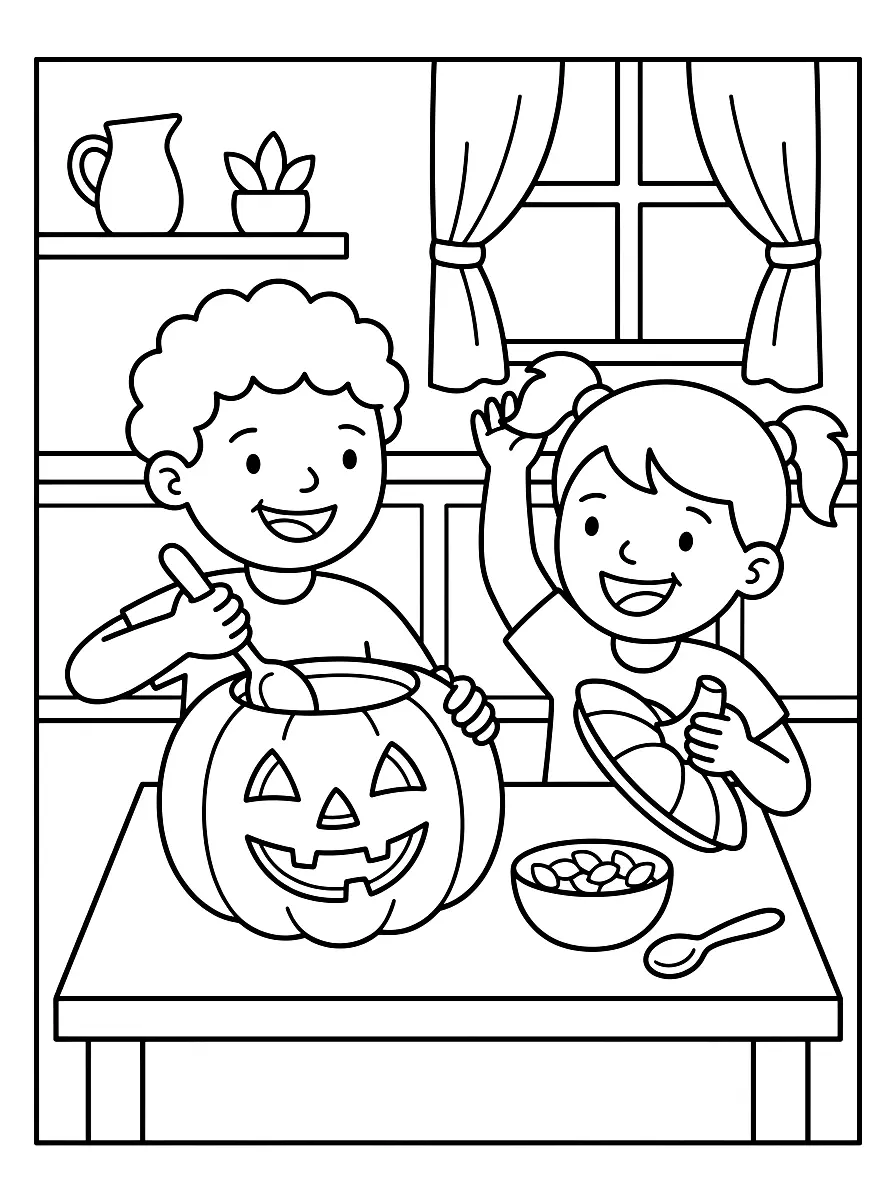 Colouring page: Two children at a kitchen table with a big carved pumpkin: a boy scoops it out with a spoon, a girl holds the lid, with a bowl of pumpkin seeds nearby