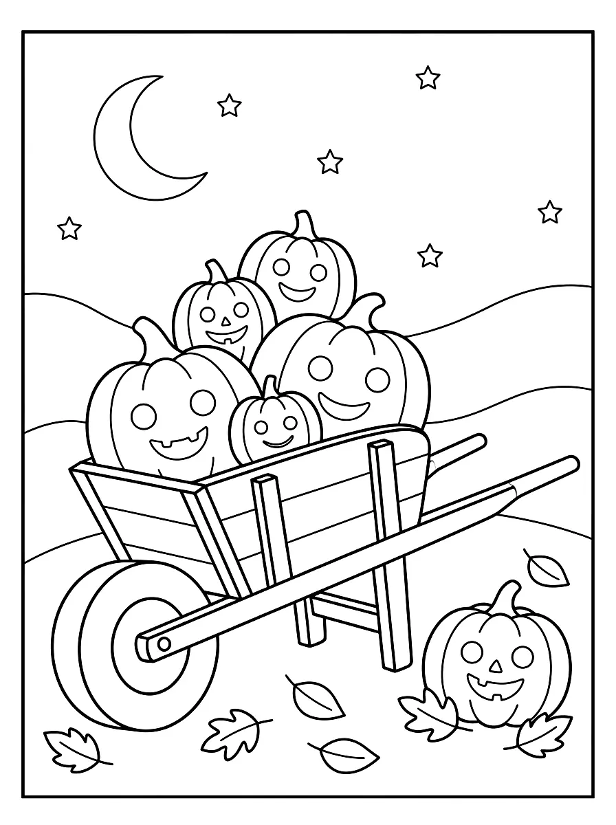 Colouring page: A wooden wheelbarrow piled high with smiling pumpkins of different sizes, with autumn leaves and a little pumpkin on the ground beside it