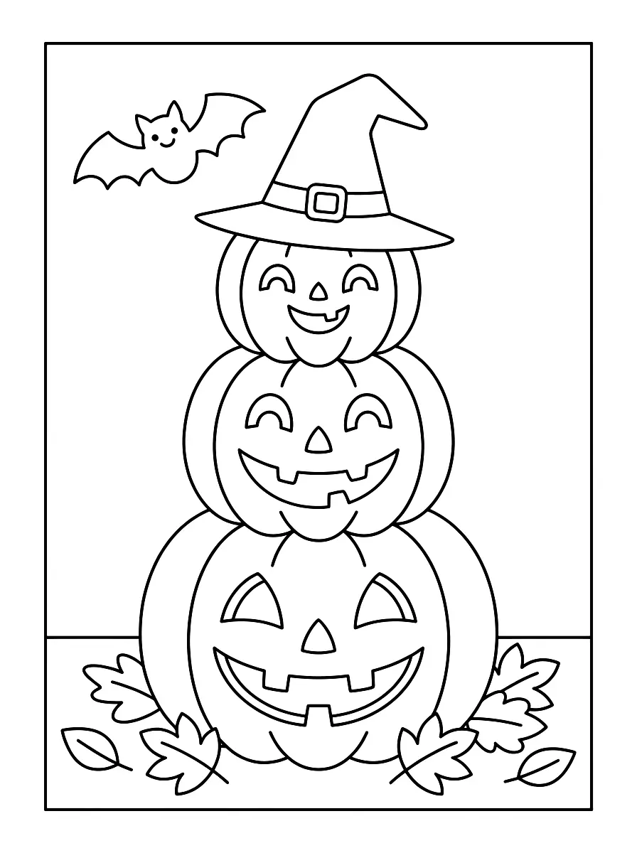 Colouring page: Three carved, smiling pumpkins stacked on top of each other, the top one wearing a witch hat, autumn leaves and a little bat nearby