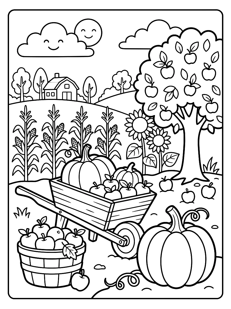 Desenho para colorir: Abóboras, maçãs e um carrinho de mão no jardim