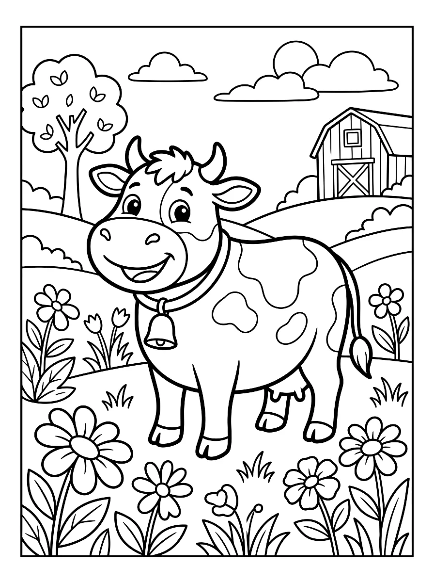 Disegno da colorare: Mucca sorridente con il campanaccio su un prato fiorito
