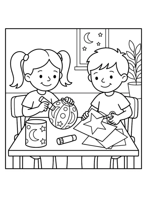 Colouring page: Two children at a table making paper lanterns, with scissors, glue and a finished lantern with stars on the table