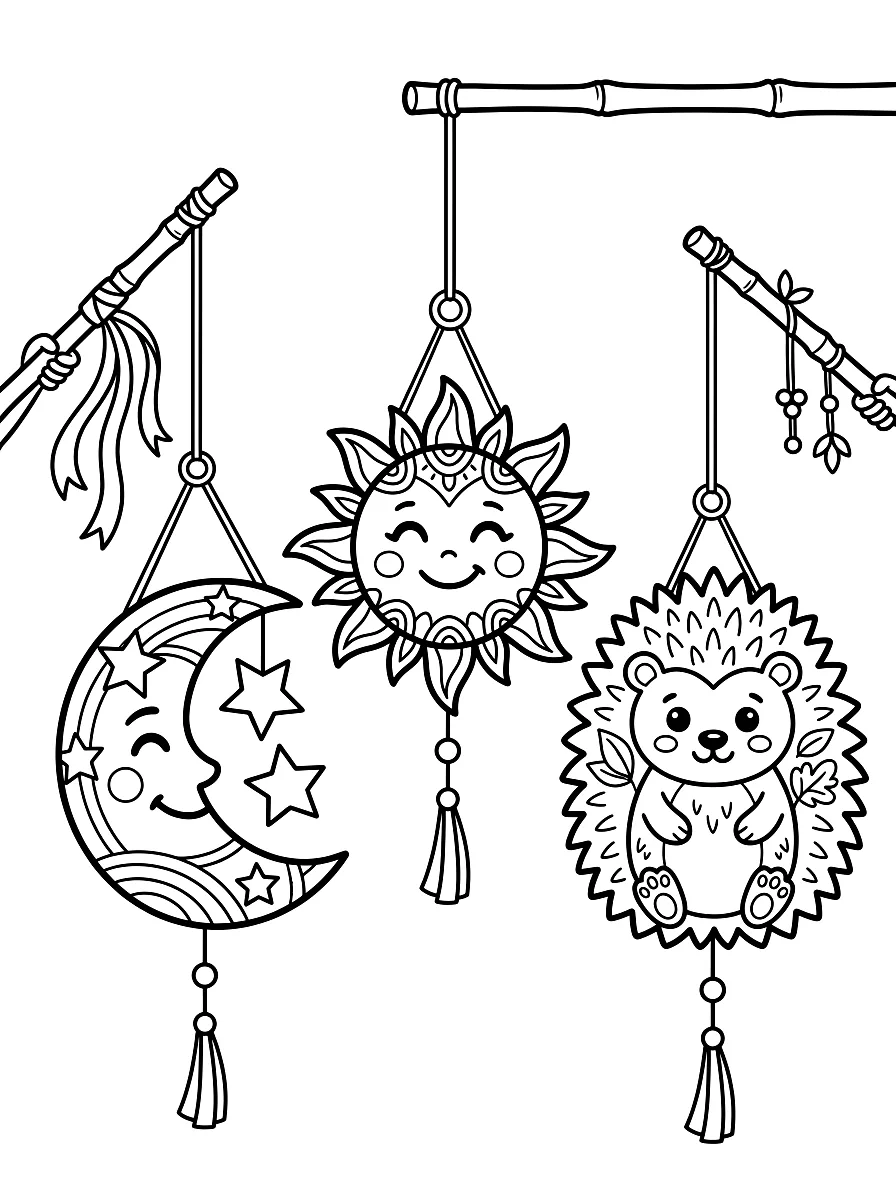 Ausmalbild: Drei Laternen: Mond, Sonne und Igel